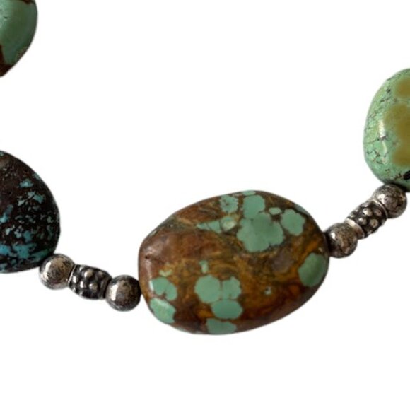 Turquoise Stone Bead Oval Nugget Sterling Silver Bracelet Hand Crafted Chunky - Picture 7 of 9